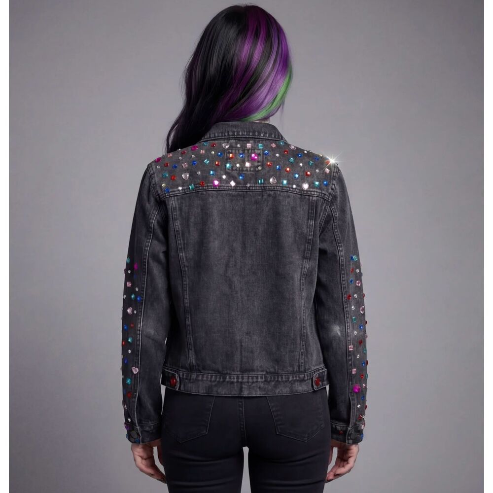 Rock Glam Rhinestone Studded Black Denim Jacket Bedazzled Vintage Size 10 - Picture 2 of 15
